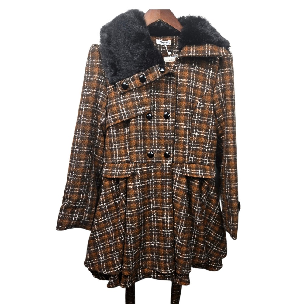 Zeagoo‎ Plaid Wool Blend Coat Faux Fur Collar Double Breasted Belted Size M NWT
